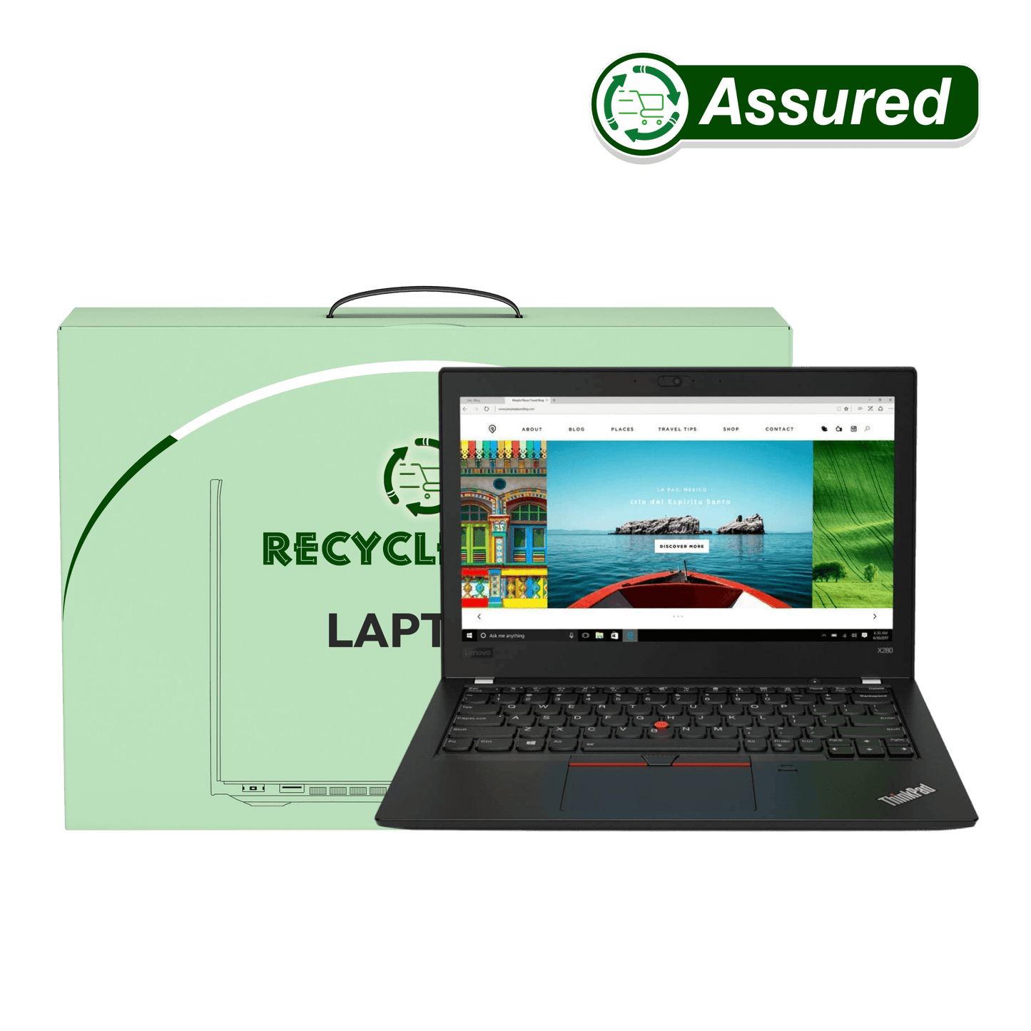 Refurbished Lenovo laptop on a green box labeled 'Recycled Laptop', displaying vibrant images on the screen.