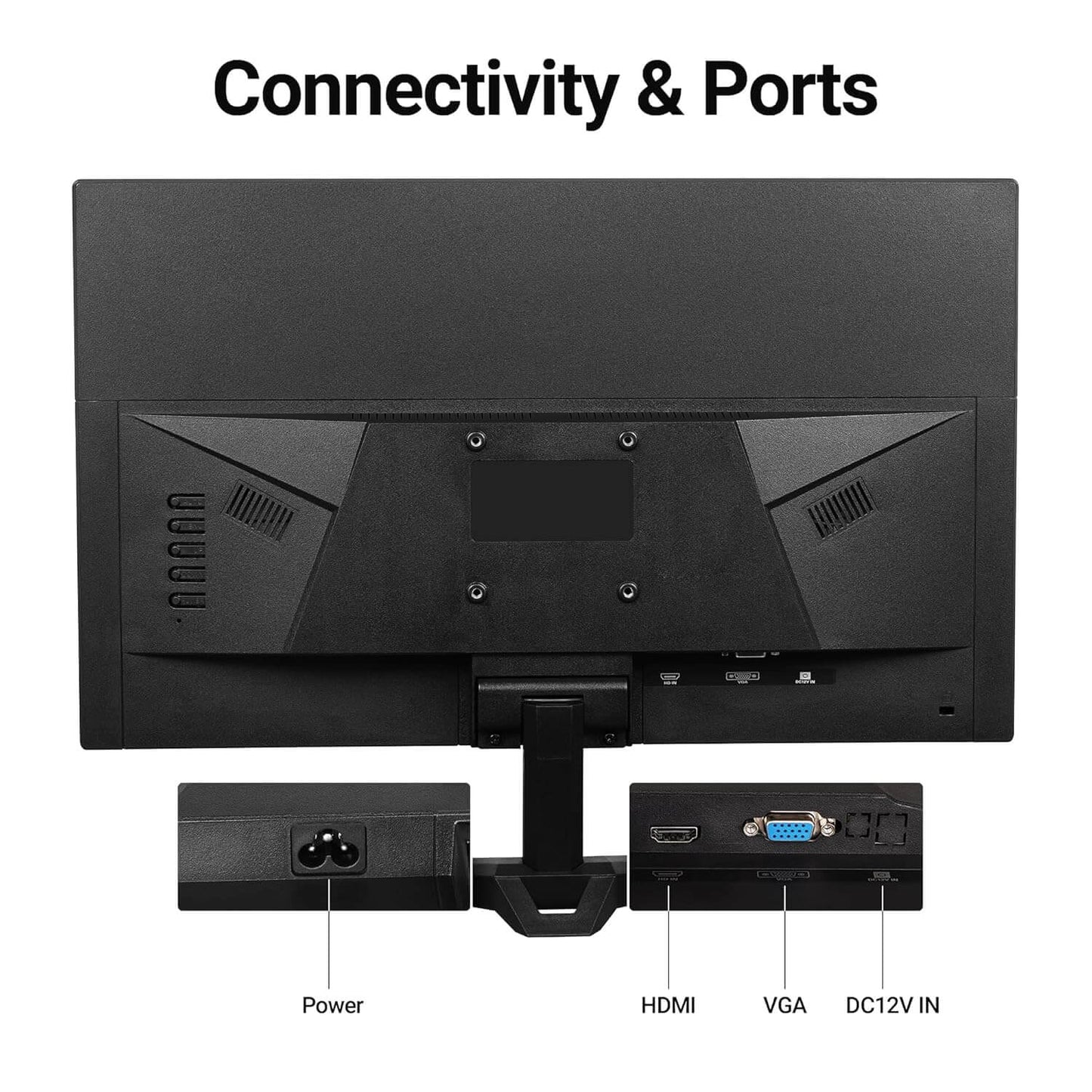 Back view of Zebster 19-inch LED monitor displaying connectivity ports and wall-mountable stand
