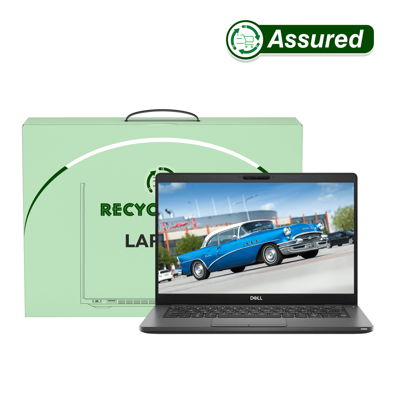 Refurbished Dell Latitude 5300 laptop displayed next to its green recycled packaging, featuring an image of a classic car.
