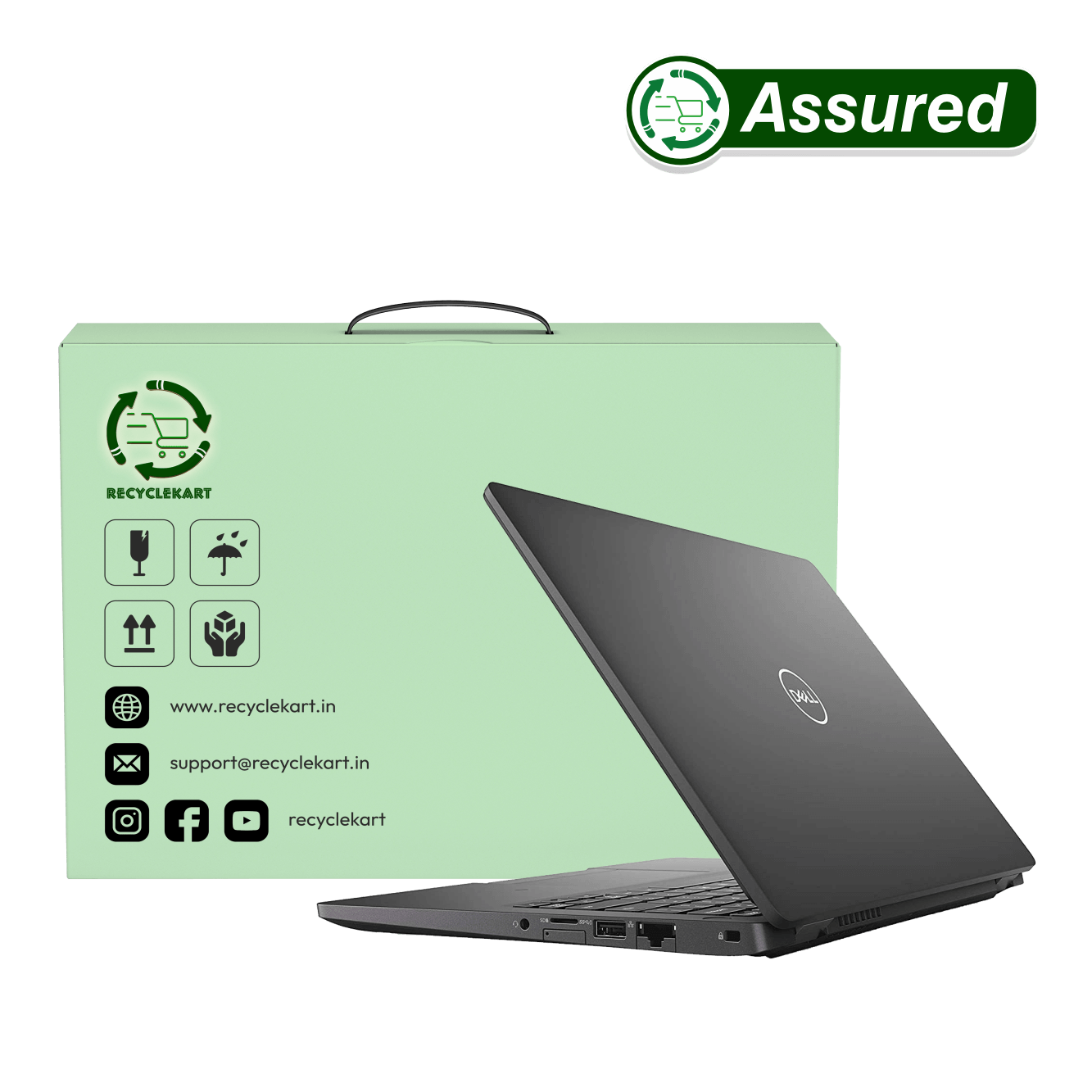 Refurbished Dell Latitude 5300 laptop in black, with packaging details and Recyclekart assurance logo.