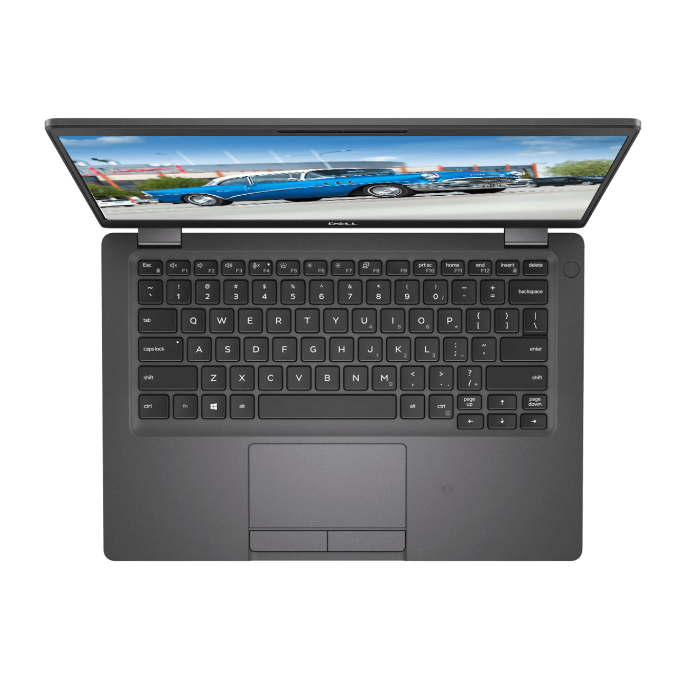 Top view of a refurbished Dell Latitude 5300 laptop showcasing its keyboard and screen.
