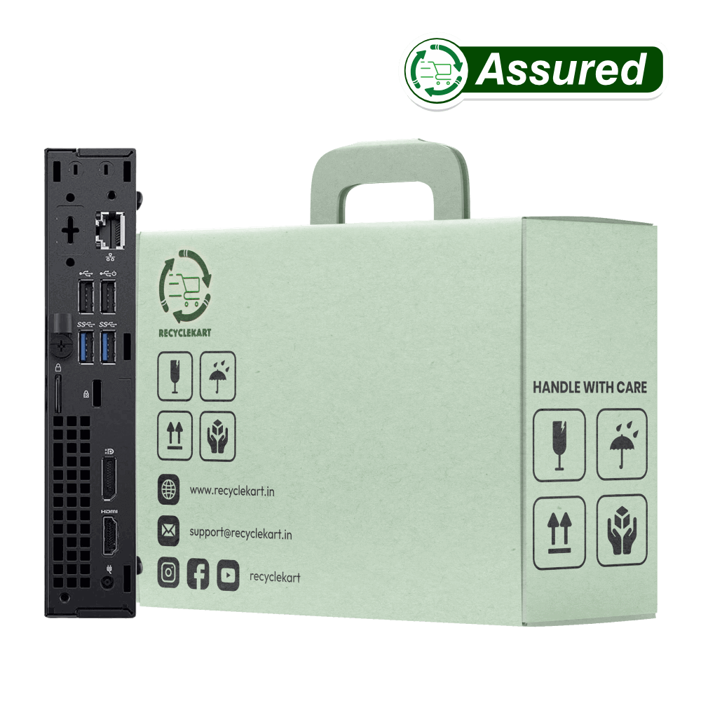 Rear view of Dell OptiPlex 8th Gen refurbished mini PC showing ports and ventilation for connectivity and cooling.