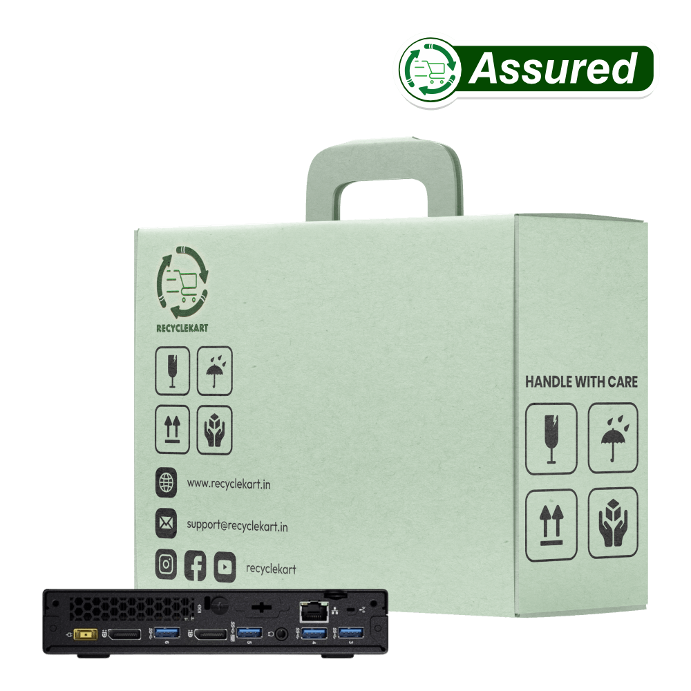 Rear view of Lenovo mini computer—refurbished mini PC displaying connectivity ports and cooling vents