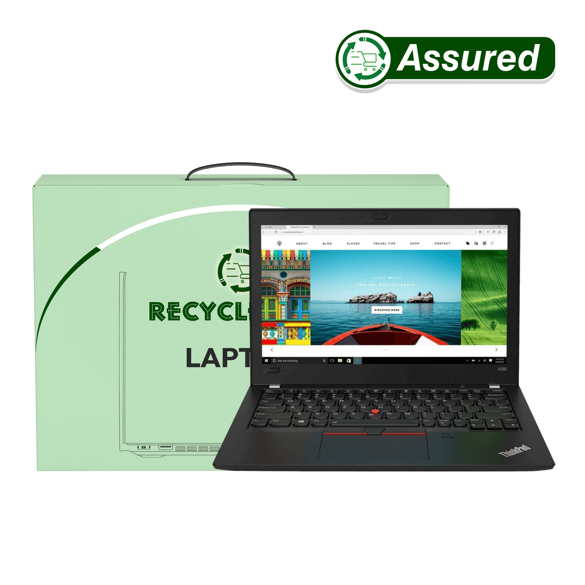Refurbished Lenovo laptop on a green box labeled 'Recycled Laptop', displaying vibrant images on the screen.