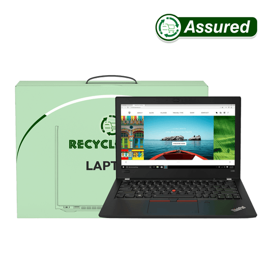 Refurbished Lenovo laptop on a green box labeled 'Recycled Laptop', displaying vibrant images on the screen.