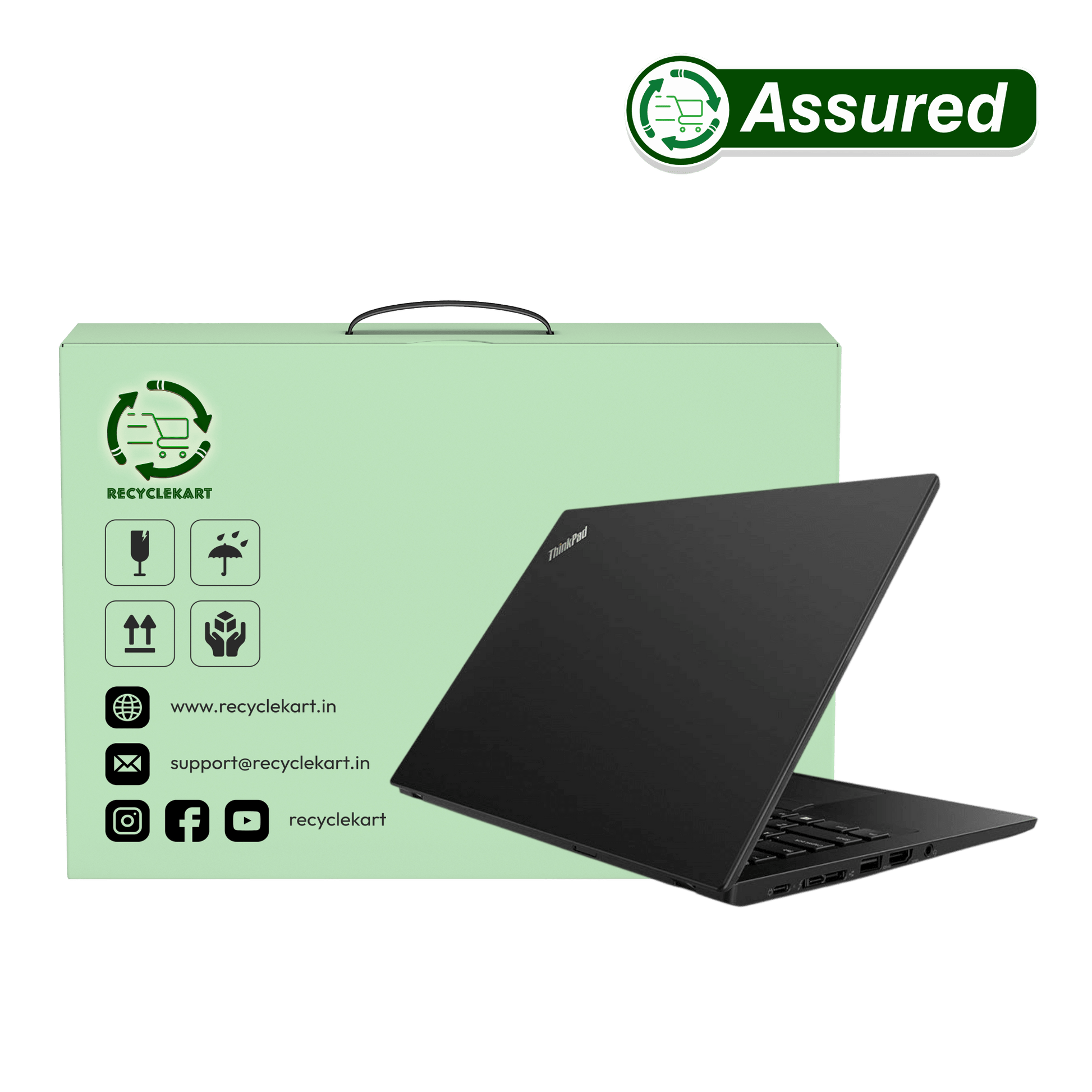 Refurbished Lenovo ThinkPad X280 laptop in black, with Recyclekart packaging and assured stamp.
