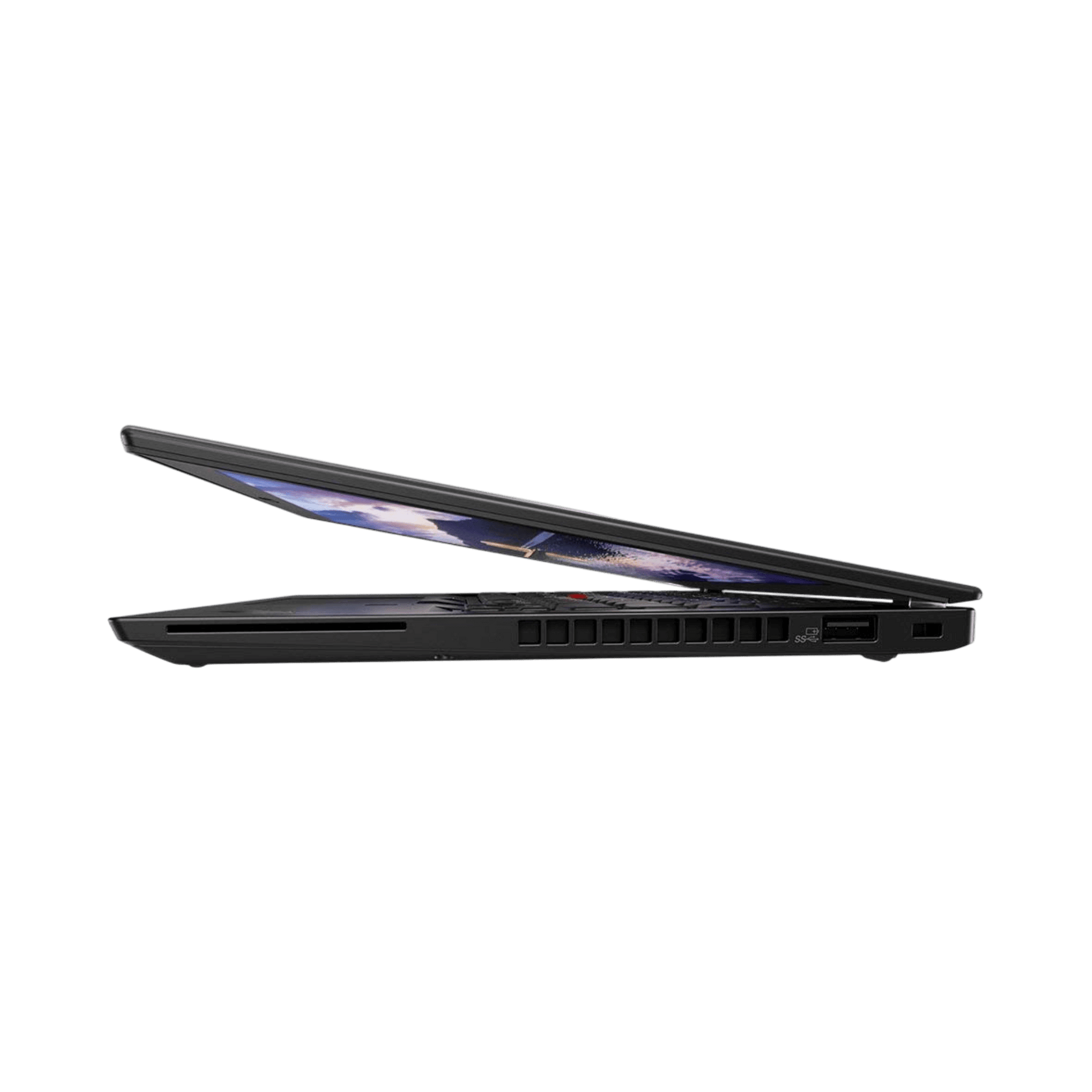 Refurbished Lenovo ThinkPad X280 laptop in black, showcasing a sleek profile with partially open lid.