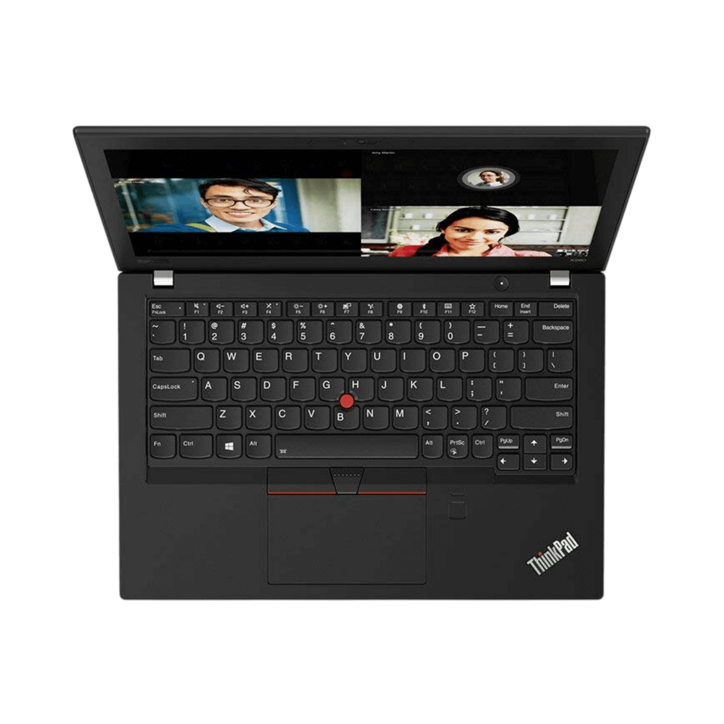 Top view of Lenovo ThinkPad X280 laptop with keyboard and screen displaying video calls.