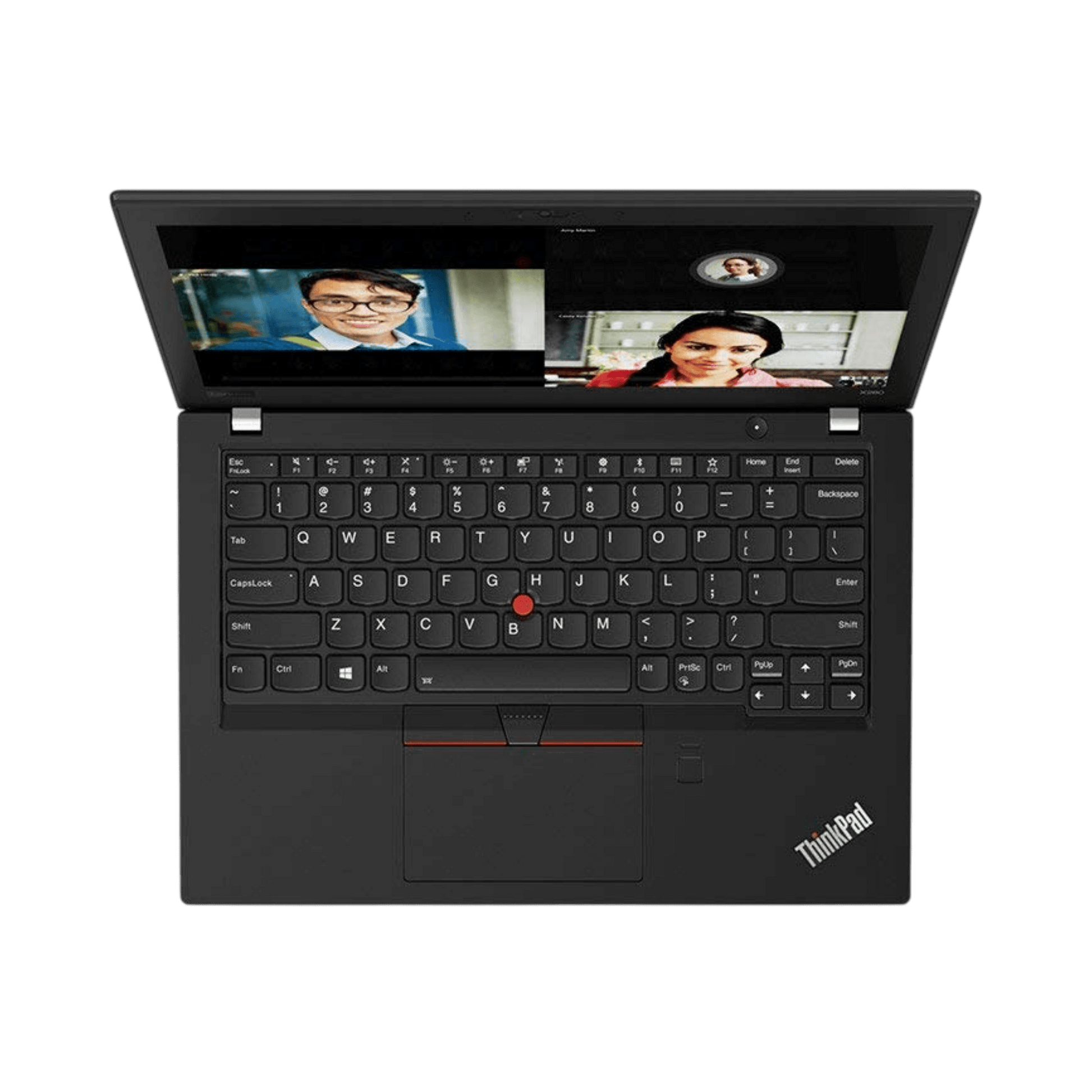 Top view of Lenovo ThinkPad X280 laptop with keyboard and screen displaying video calls.