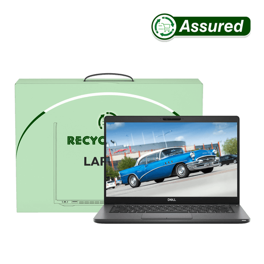 Refurbished Dell Latitude 5300 laptop displayed next to its green recycled packaging, featuring an image of a classic car.