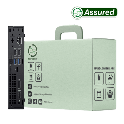 Rear view of Dell OptiPlex 8th Gen refurbished mini PC showing ports and ventilation for connectivity and cooling.