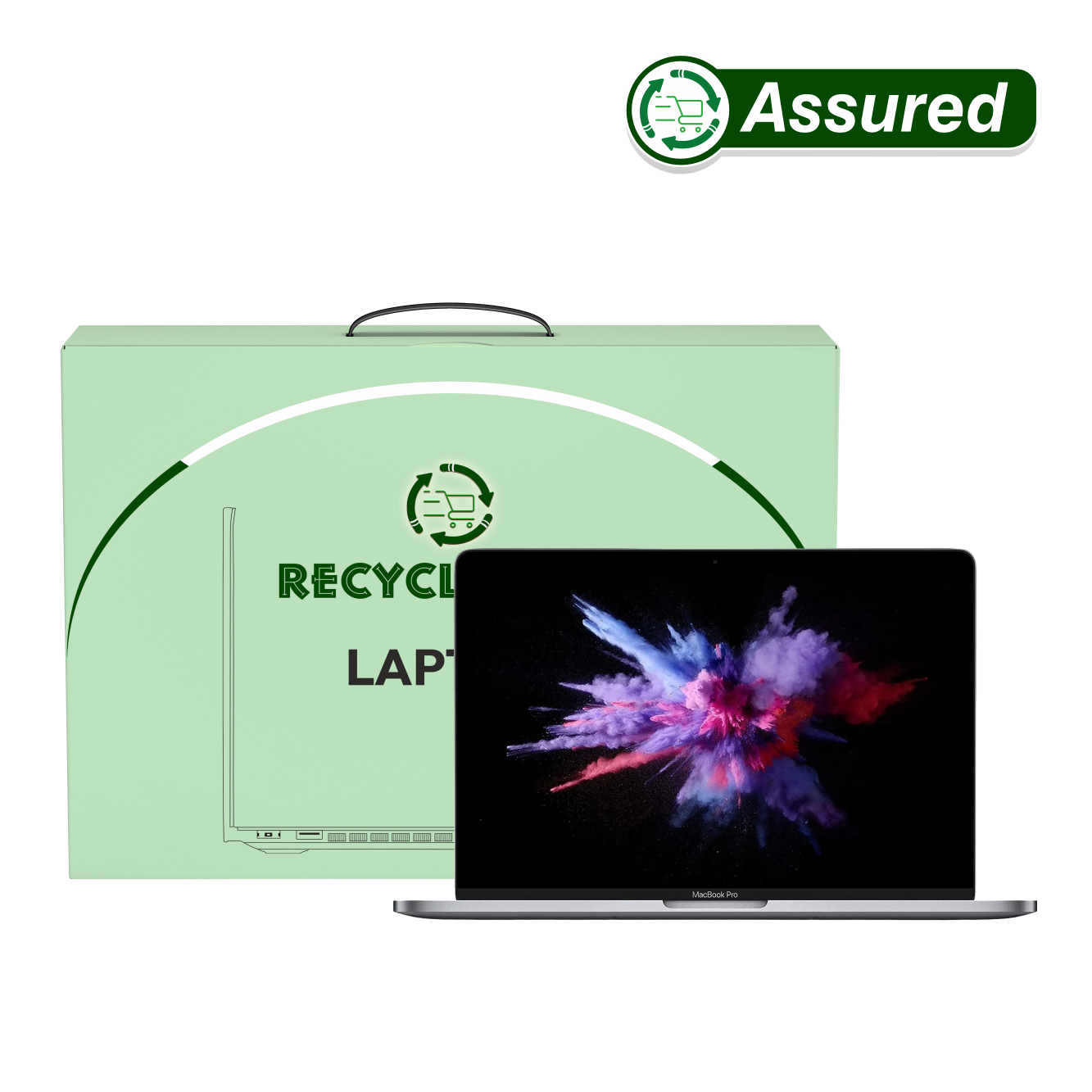 Refurbished Apple MacBook Pro A1989 showcased with a green recycled box, highlighting sustainability and quality assurance.