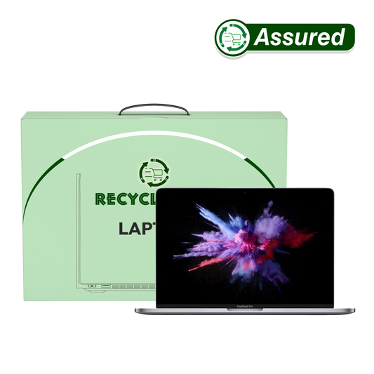Refurbished Apple MacBook Pro A1989 showcased with a green recycled box, highlighting sustainability and quality assurance.