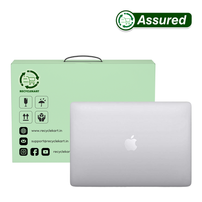 Refurbished Apple MacBook Pro A1989 displayed beside its eco-friendly packaging, featuring the RecycleKart logo.