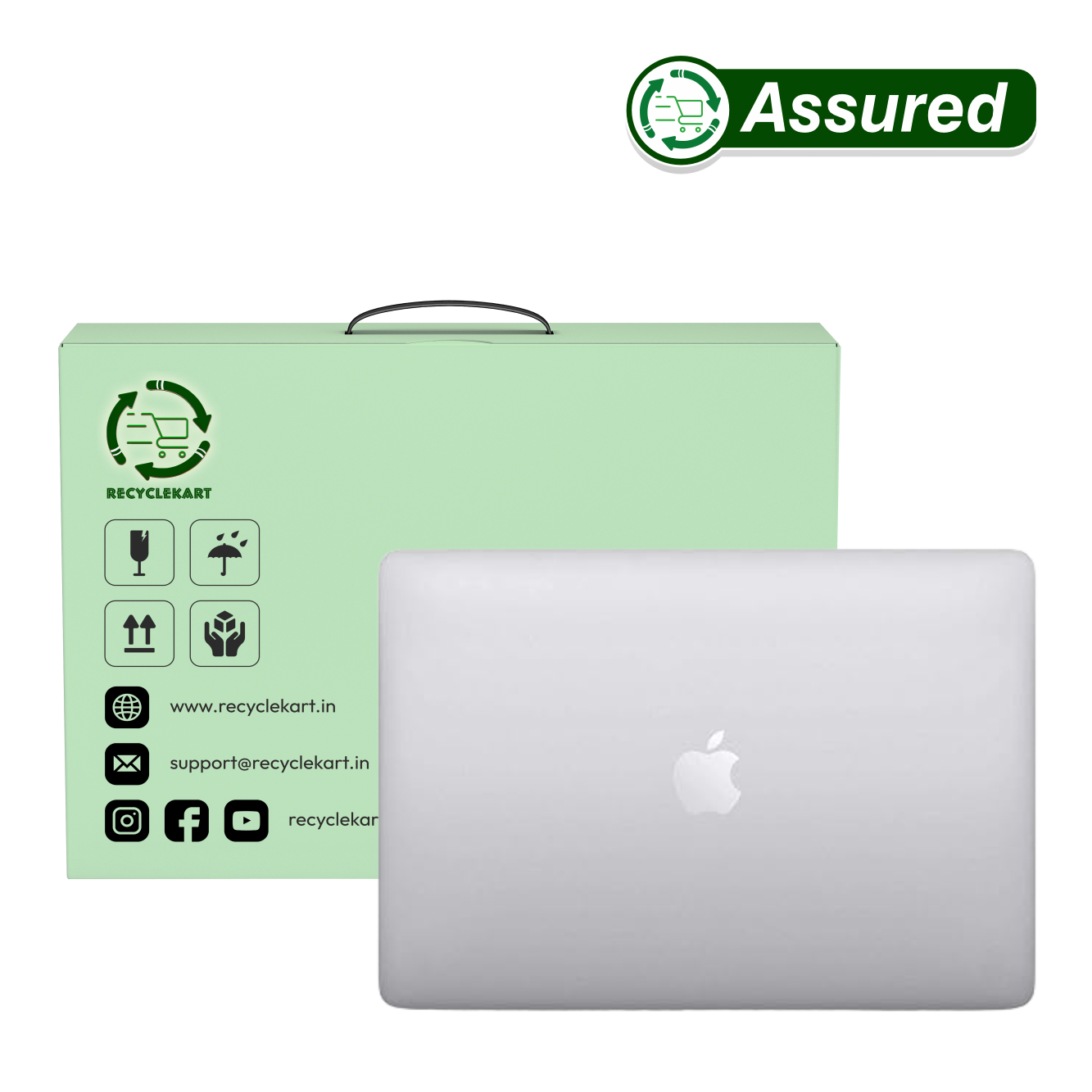 Refurbished Apple MacBook with packaging from RecycleKart, featuring an assured quality label.